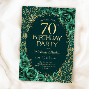 Invitation Élégant 70e anniversaire vert émeraude et or flora
