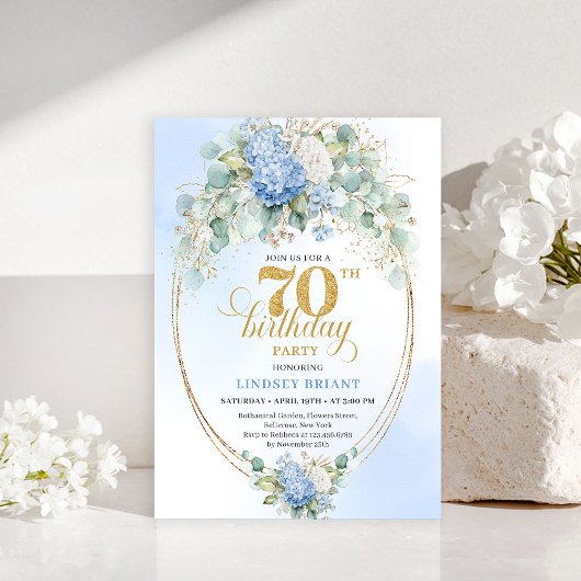 Invitation Elegant 70th Birthday Blue Hydrangea Gold Invites