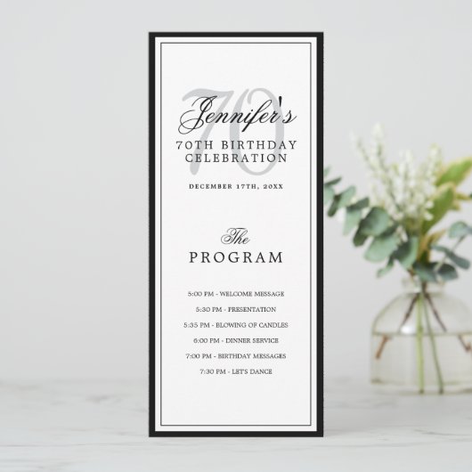 Invitation Elegant 70th Birthday Party Program + Menu  (Debout devant)