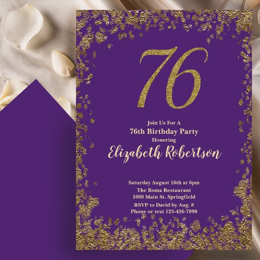 Invitation Élégant 76e Anniversaire Violet Or