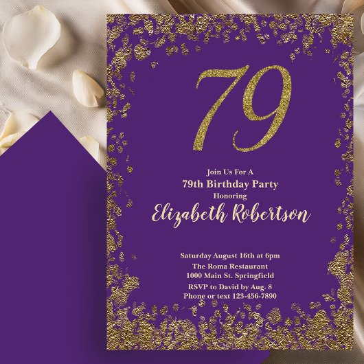 Invitation Élégant 79e Anniversaire Violet Or