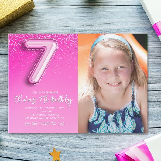 Invitation Elegant 7th Birthday girl with photo Numer Ballon