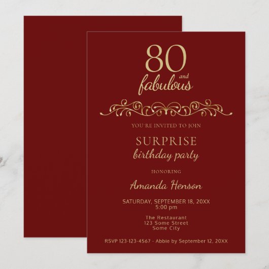 Invitation Elégant 80 et fabuleux ornement 80e anniversaire (Devant / Derrière)