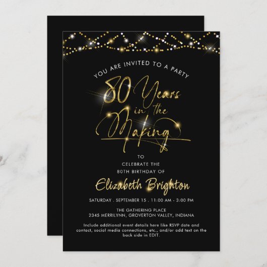 Invitation Élégant 80e anniversaire Black Gold Lumières Scrip (Devant / Derrière)
