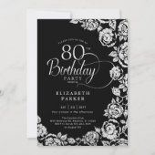 Invitation Élégant 80e anniversaire Black Silver Roses (Devant)