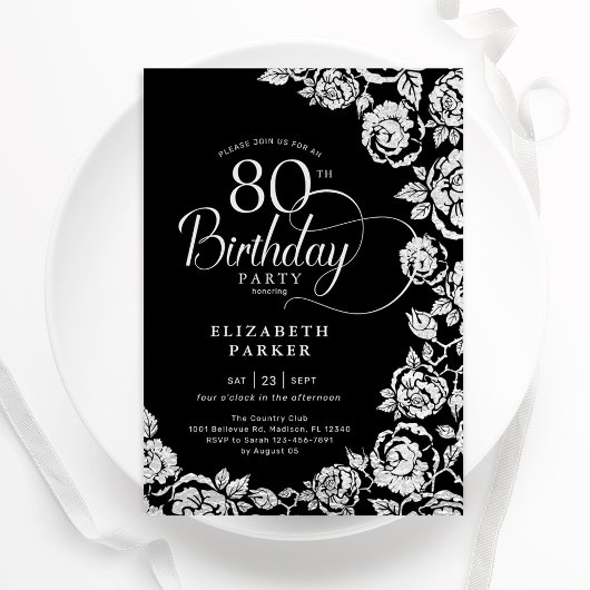 Invitation Élégant 80e anniversaire Black Silver Roses