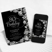Invitation Élégant 80e anniversaire Black Silver Roses