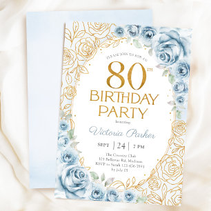 Invitation Élégant 80e Anniversaire Bleu Poussiéreux Or Flora