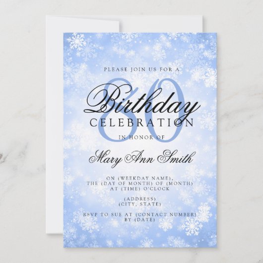 Invitation Elégant 80e anniversaire Blue Winter Wonderland (Devant)