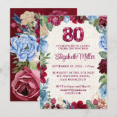 Invitation Elégant 80e anniversaire - Bourgogne Floral Design (Devant / Derrière)