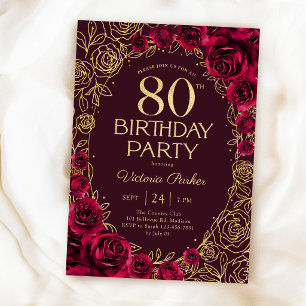 Invitation Élégant 80e Anniversaire Bourgogne Or Floral