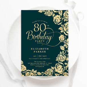 Invitation Élégant 80e anniversaire Emerald Green Roses or