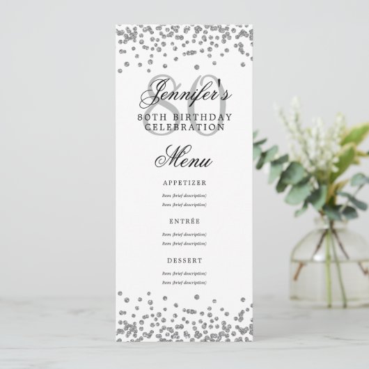 Invitation Elégant 80e Anniversaire Menu Confetti Argent (Debout devant)