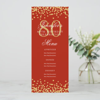 Invitation Elégant 80e Anniversaire Menu Gold Red Confetti