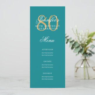 Invitation Elégant 80e Anniversaire Menu Gold Turquoise