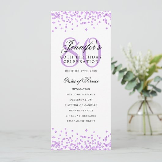 Invitation Élégant 80e Anniversaire Menu Purple (Debout devant)