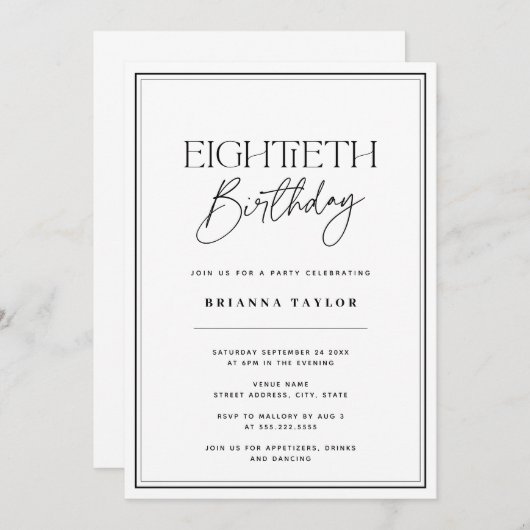 Invitation Elégant 80e anniversaire Noir & Blanc (Devant / Derrière)