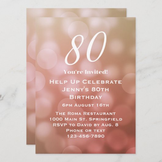 Invitation Elégant 80e anniversaire pour elle à Pink Bokeh (Devant / Derrière)