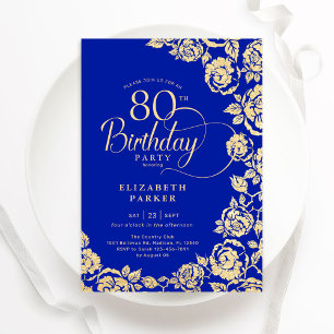 Invitation Elégant 80e anniversaire Royal Blue Gold Roses