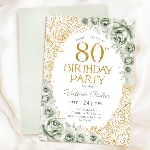 Invitation Élégant 80e anniversaire vert sauge or floral