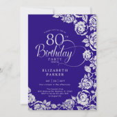 Invitation Elégant 80e anniversaire violet Roses d'argent (Devant)