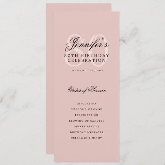 Invitation Élégant 80e Menu du programme+Merci rose (Devant / Derrière)