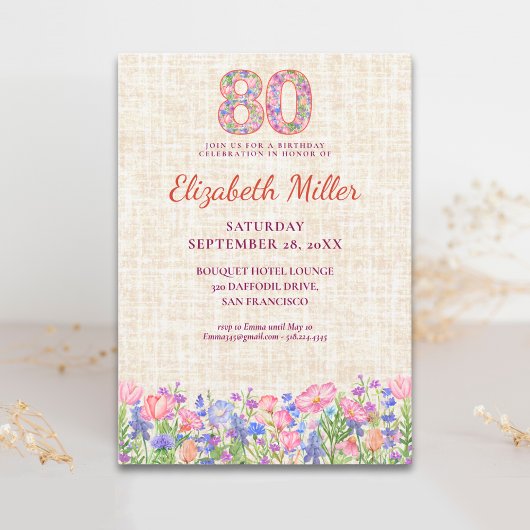 Invitation Elegant 80th Birthday for Her - Pink Flowers 