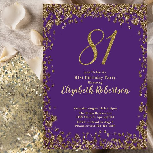 Invitation Élégant 81e anniversaire violet et or