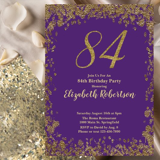 Invitation Elégant 84e Anniversaire Violet et Or