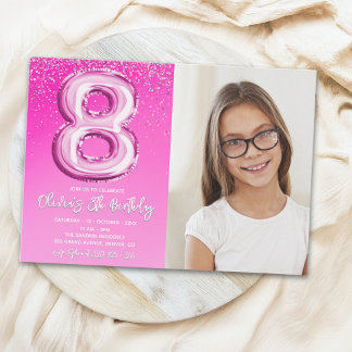 Invitation Elegant 8th Birthday Pink Number Balloon with phot