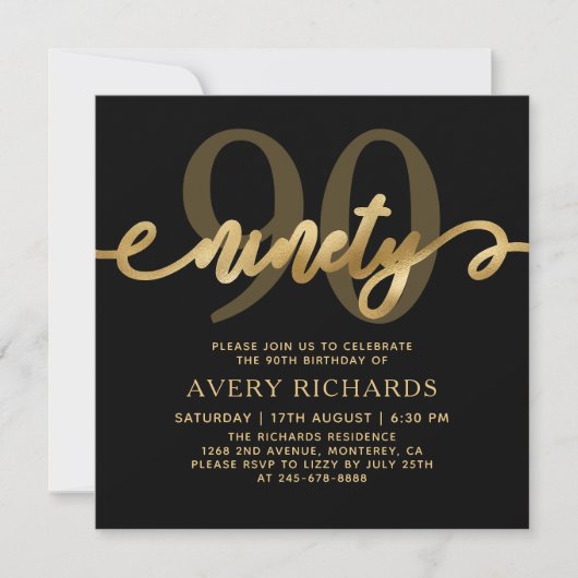 Invitation Élégant 90 Gold Script noir 90e anniversaire (Devant)