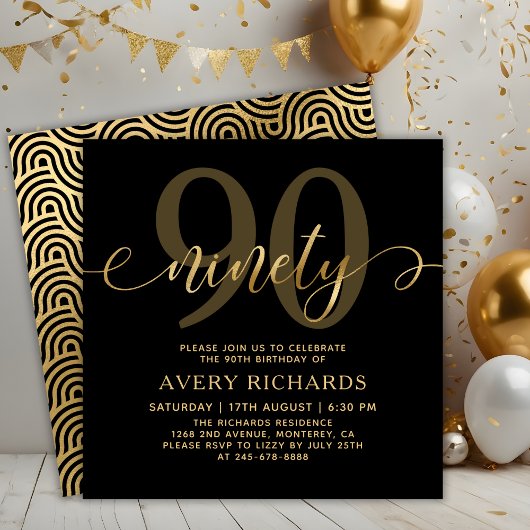 Invitation Élégant 90 Gold Script noir 90e anniversaire