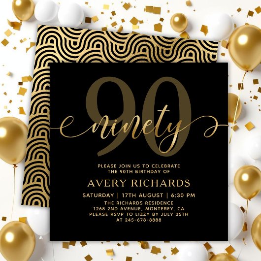 Invitation Élégant 90 Gold Script noir 90e anniversaire