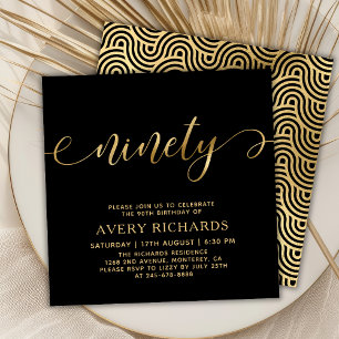 Invitation Élégant 90 Gold Script noir 90e anniversaire