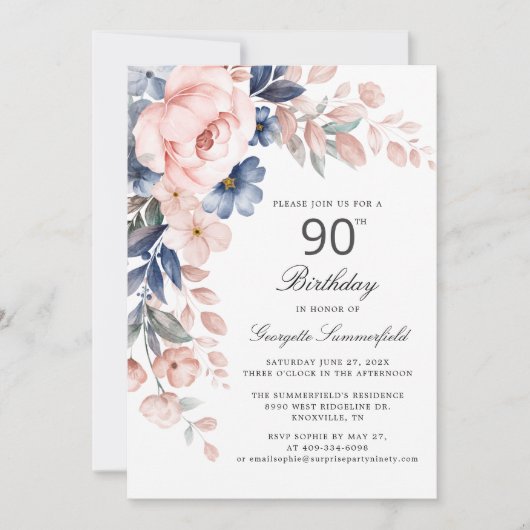 Invitation Elégant 90e anniversaire de florale (Devant)