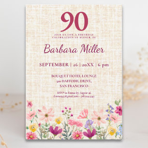 Invitation Élégant 90e Anniversaire pour Elle - Floral Lin