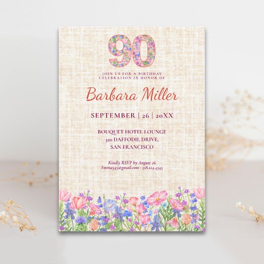 Invitation Elegant 90th Birthday for Her - Pink Flowers
