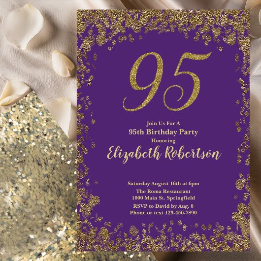 Invitation Élégant 95e anniversaire violet et or