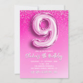 Invitation Elegant 9th Birthday Girl with Pink Number Balloon (Devant)