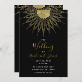 Invitation Elégant Abstrait Gold Sun Mandala Black Mariage (Devant / Derrière)
