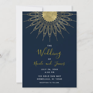 Invitation Elégant Abstrait Gold Sun Mandala Blue Mariage