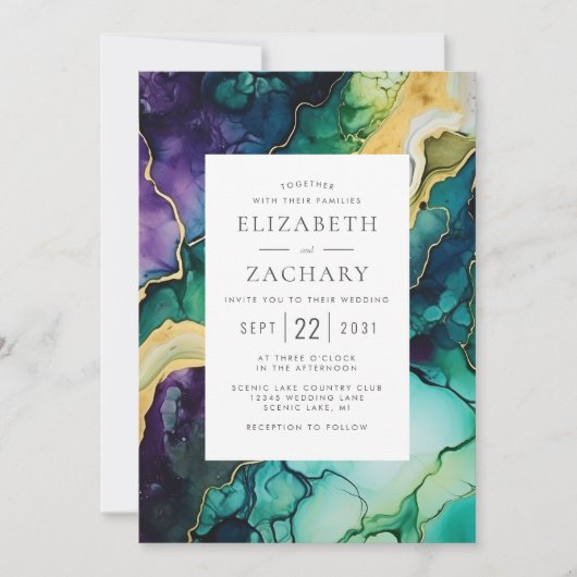 Invitation Élégant Abstrait Plum Green Mariage or (Devant)