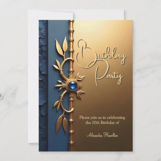 Invitation Elégant Acier Bleu Or Ornate fête d'anniversaire (Devant)
