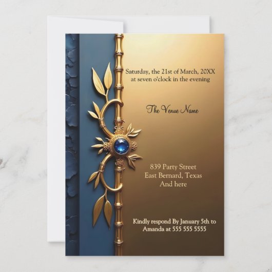 Invitation Elégant Acier Bleu Or Ornate fête d'anniversaire (Dos)
