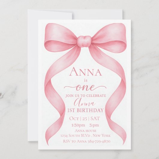 Invitation Elegant Adjustable Pink Bow First Birthday Invitat (Devant)