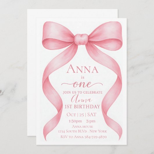 Invitation Elegant Adjustable Pink Bow First Birthday Invitat (Devant / Derrière)