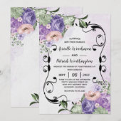 Invitation # Élégant aérien Boho floral violet et argent Mari (Devant / Derrière)