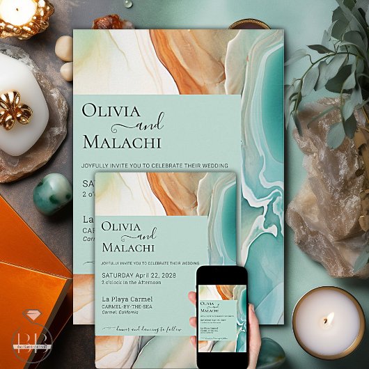 Invitation Élégant Agate Abstrait moderne Turquoise Terracott