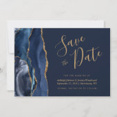 Invitation Elegant Agate Marine Blue Gold Enregistrer la date (Devant)