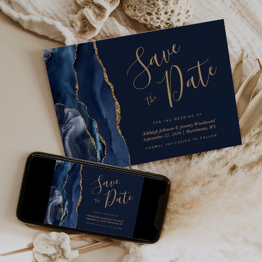 Invitation Elegant Agate Marine Blue Gold Enregistrer la date